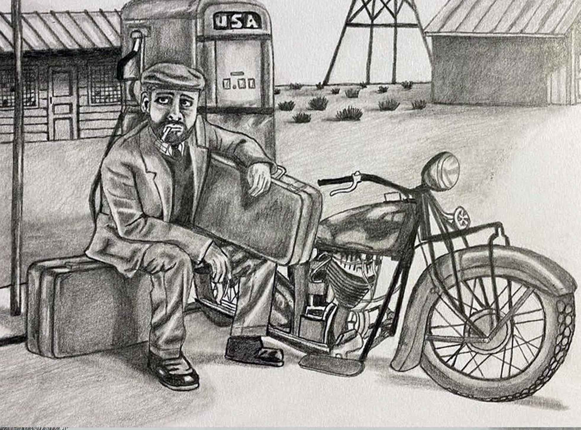 A man sitting holding a suitcase next to a motorcycle.