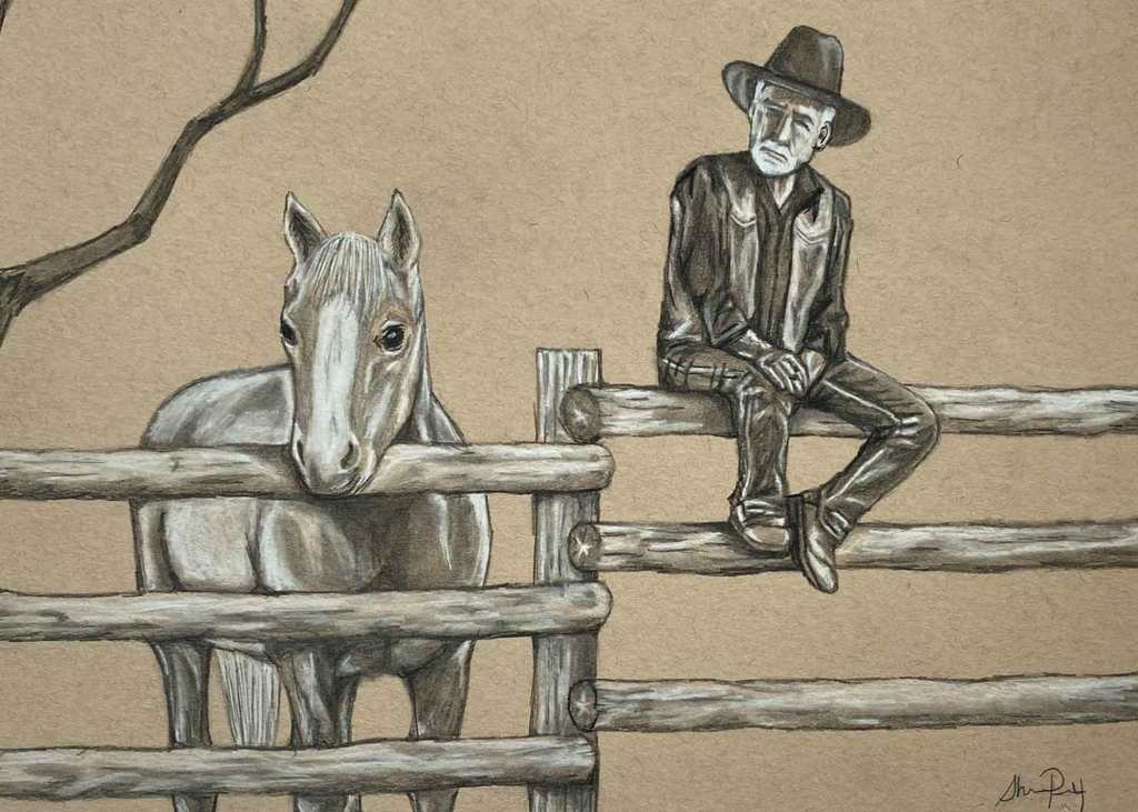 A man in a cowboy hat sitting on a fence next to a horse. 