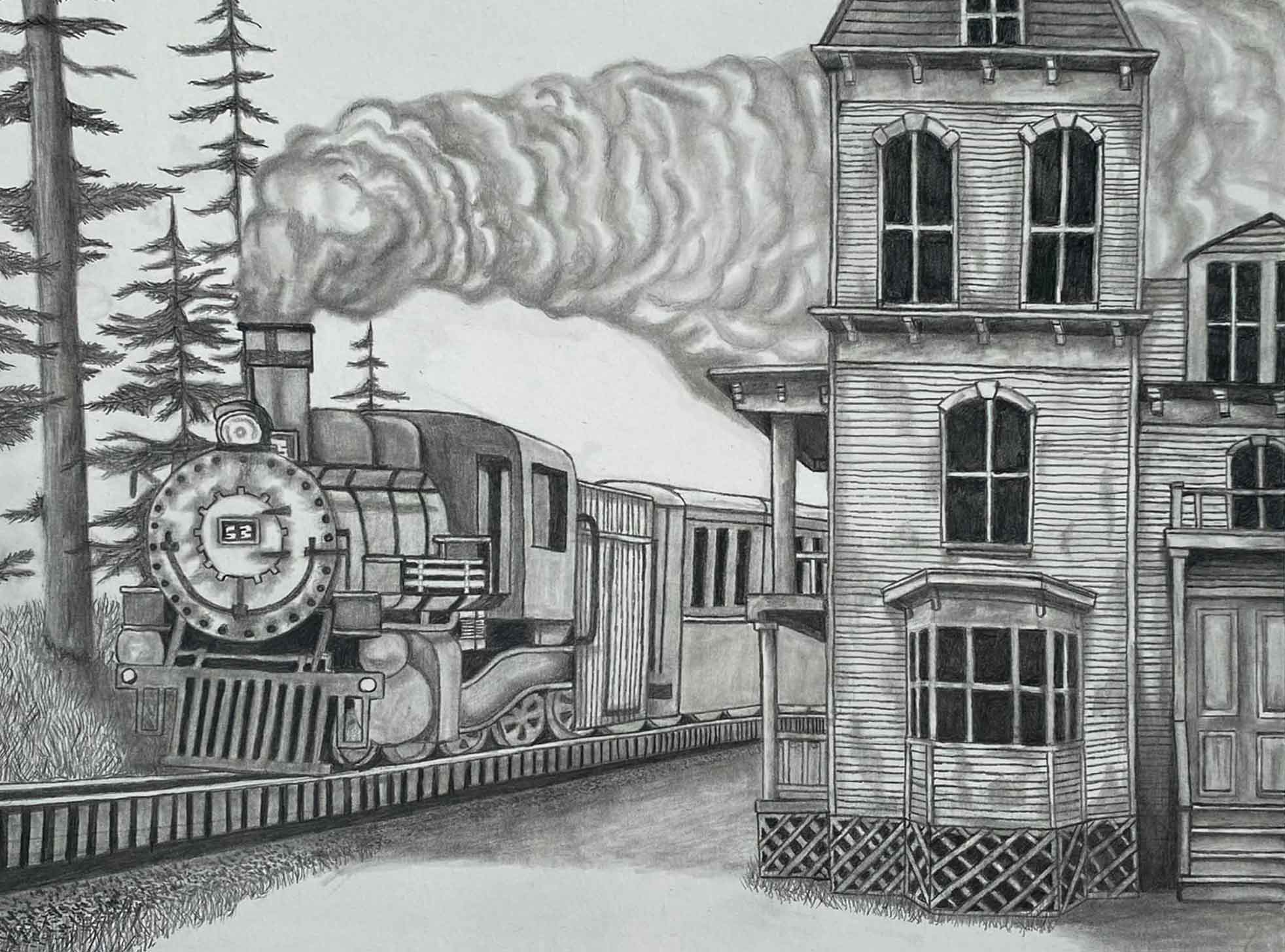 Train with a smoke stack next to an old house.